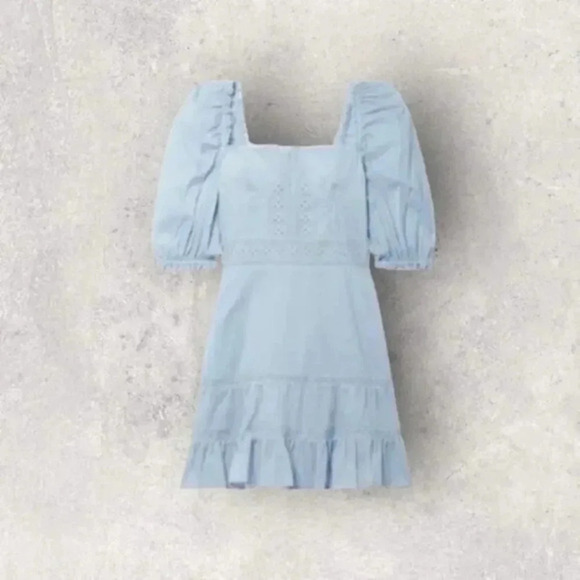Reformation Paxton Puff Sleeve Lace Embroidered Mini Dress in Blue B004 - Picture 1 of 5